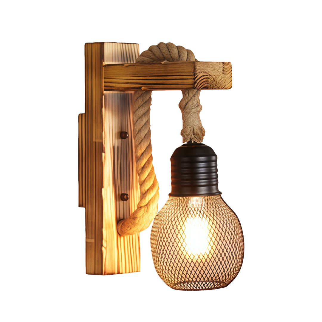 Medium brown distressed wood rustic wall light featuring a decorative rope and a vintage-style mesh bulb cover.