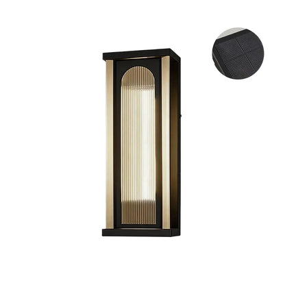 Medium solar wall sconce with black frame warm lighting and ribbed glass