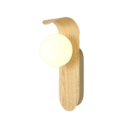 Minimalist led lights for wall with pale wood backing and geometric white globe shade