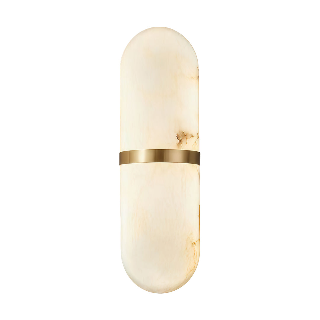 Modern art wall lighting featuring glass shade chandelier aesthetic in elongated oval design with brushed gold center detail.