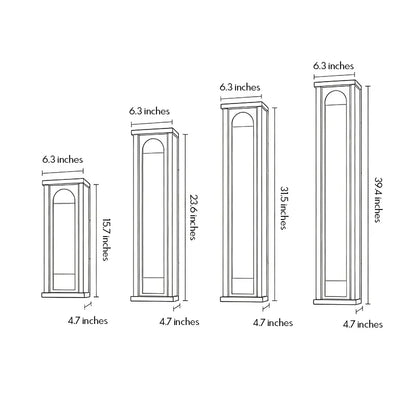 Modern outdoor wall sconce size guide showing four available heights and widths
