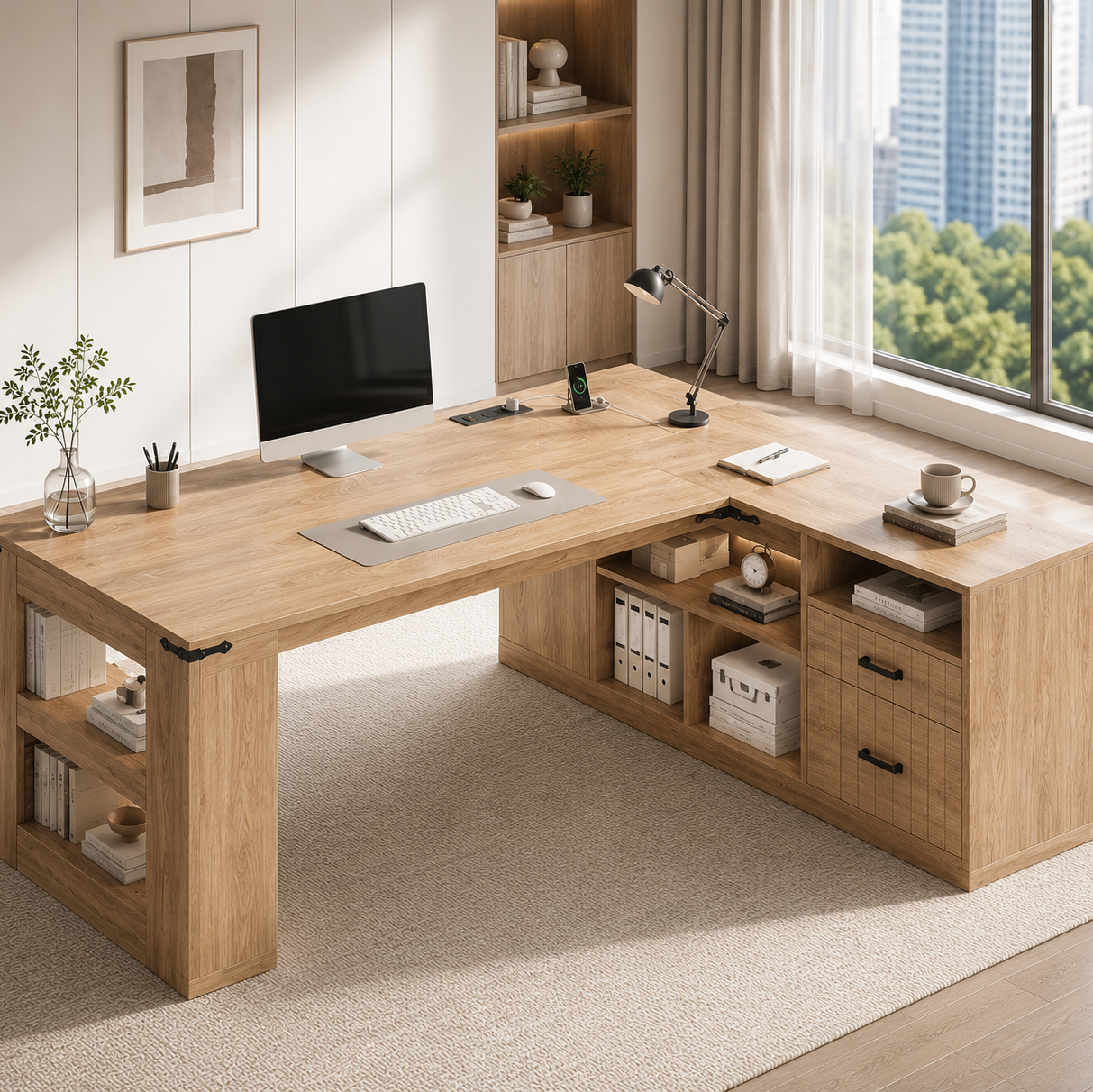 L-Shaped Oak Executive Desk