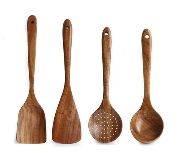 Teak Wood Utensil Set, 4 Non-Scratch Pieces