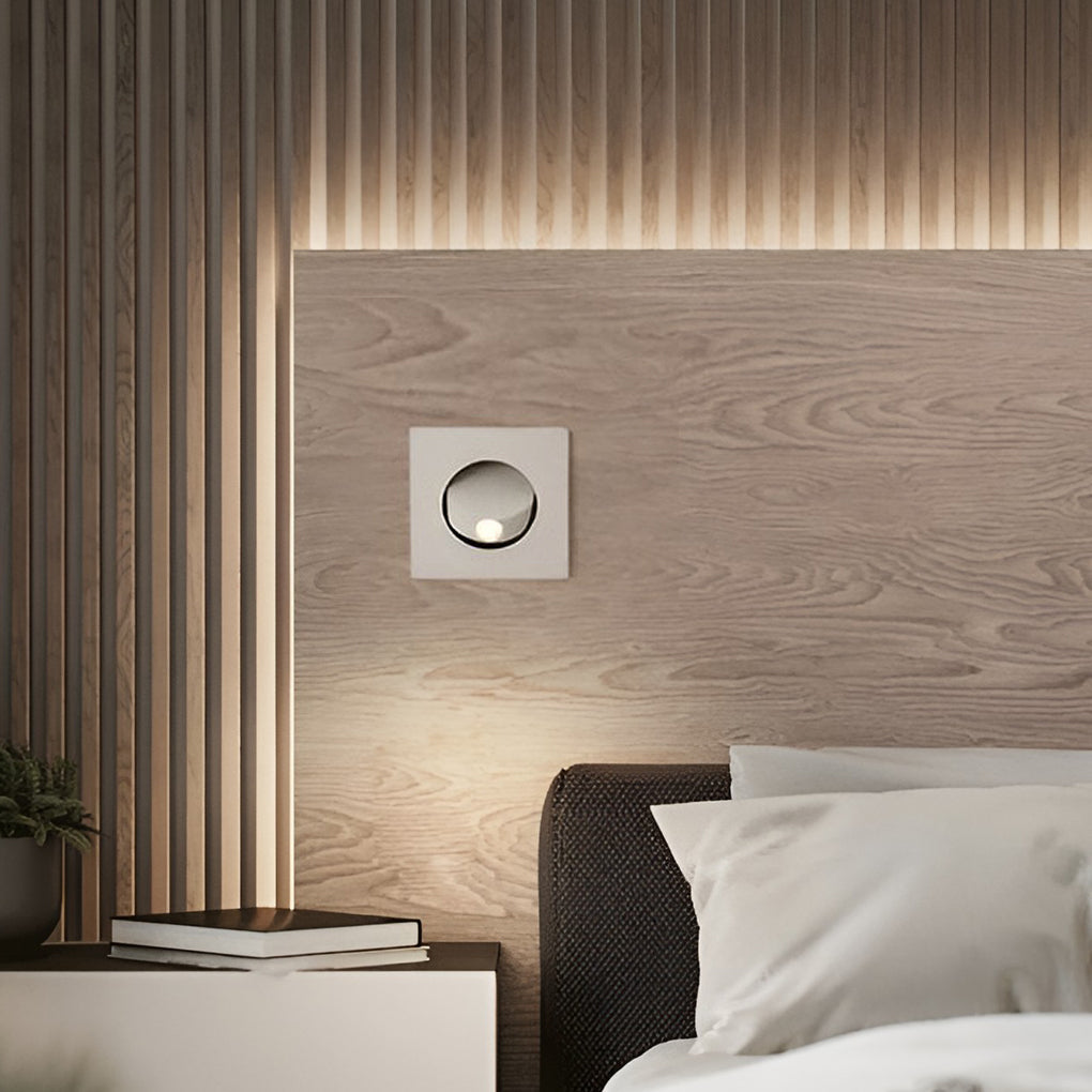 Modern bedroom headboard featuring recessed led reading lamp with warm focused light.