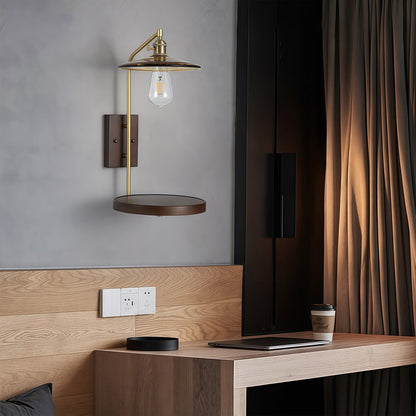 Retro-style glass wall lights with a small floating shelf, providing bedside illumination in a modern minimalist bedroom.