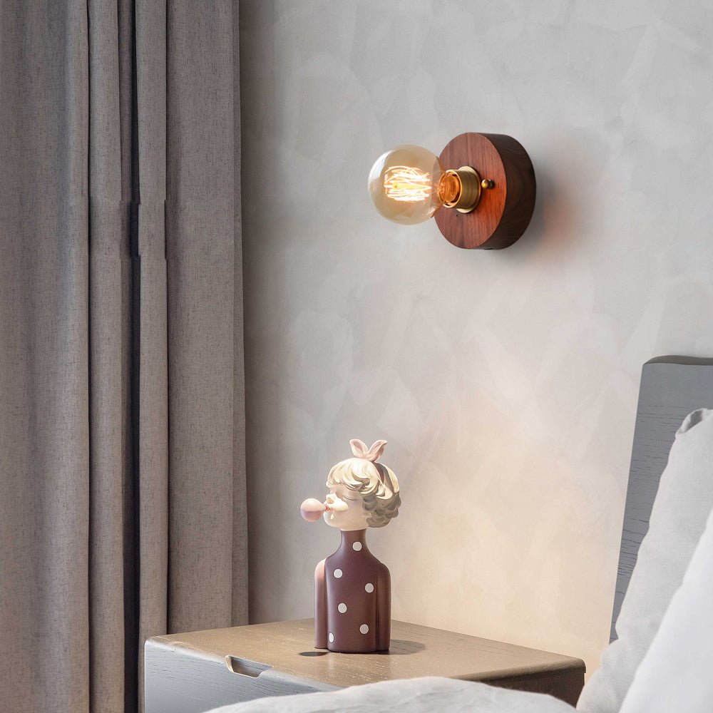 Round/Square Vintage Walnut Wood Wall Lamp 1 - light with Pull Chain Switch