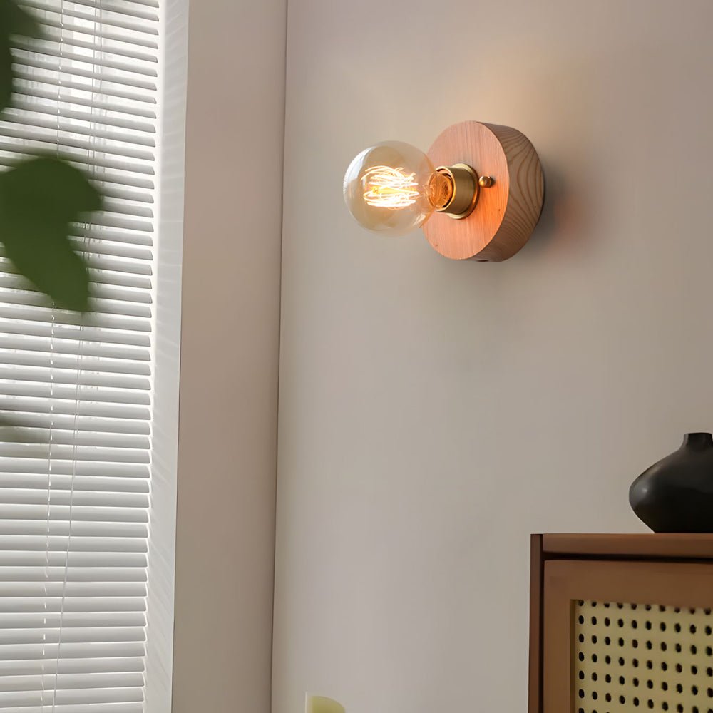 Round/Square Vintage Walnut Wood Wall Lamp 1 - light with Pull Chain Switch