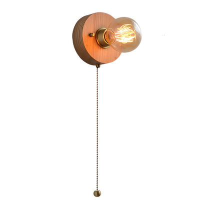 Round/Square Vintage Walnut Wood Wall Lamp 1 - light with Pull Chain Switch