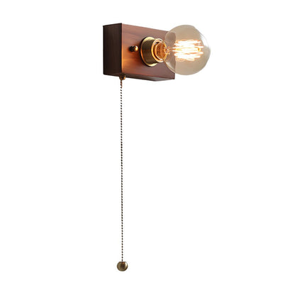 Round/Square Vintage Walnut Wood Wall Lamp 1 - light with Pull Chain Switch