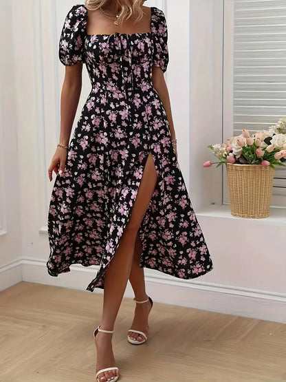Floral Puff-Sleeve A-Line Wedding Guest Dress