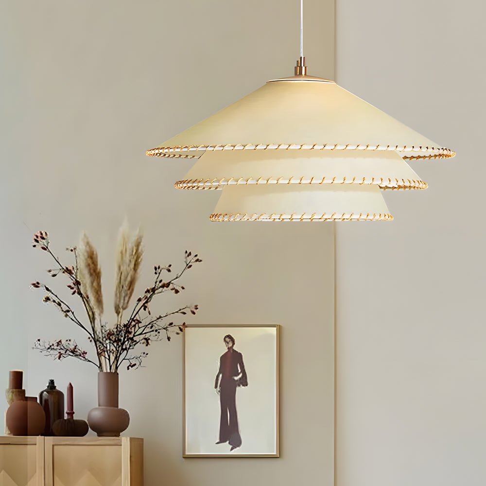 Rustic 3 Tiers Parchment Pendant Light 1 - Light Hanging Lamp with Fabric Shade