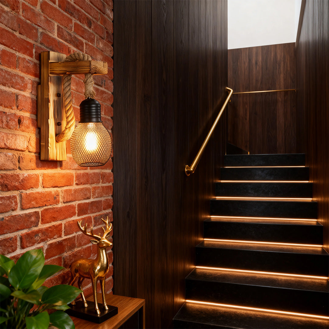 Rustic wall light installed next to a dark wood staircase, providing warm accent lighting for the steps and railings.