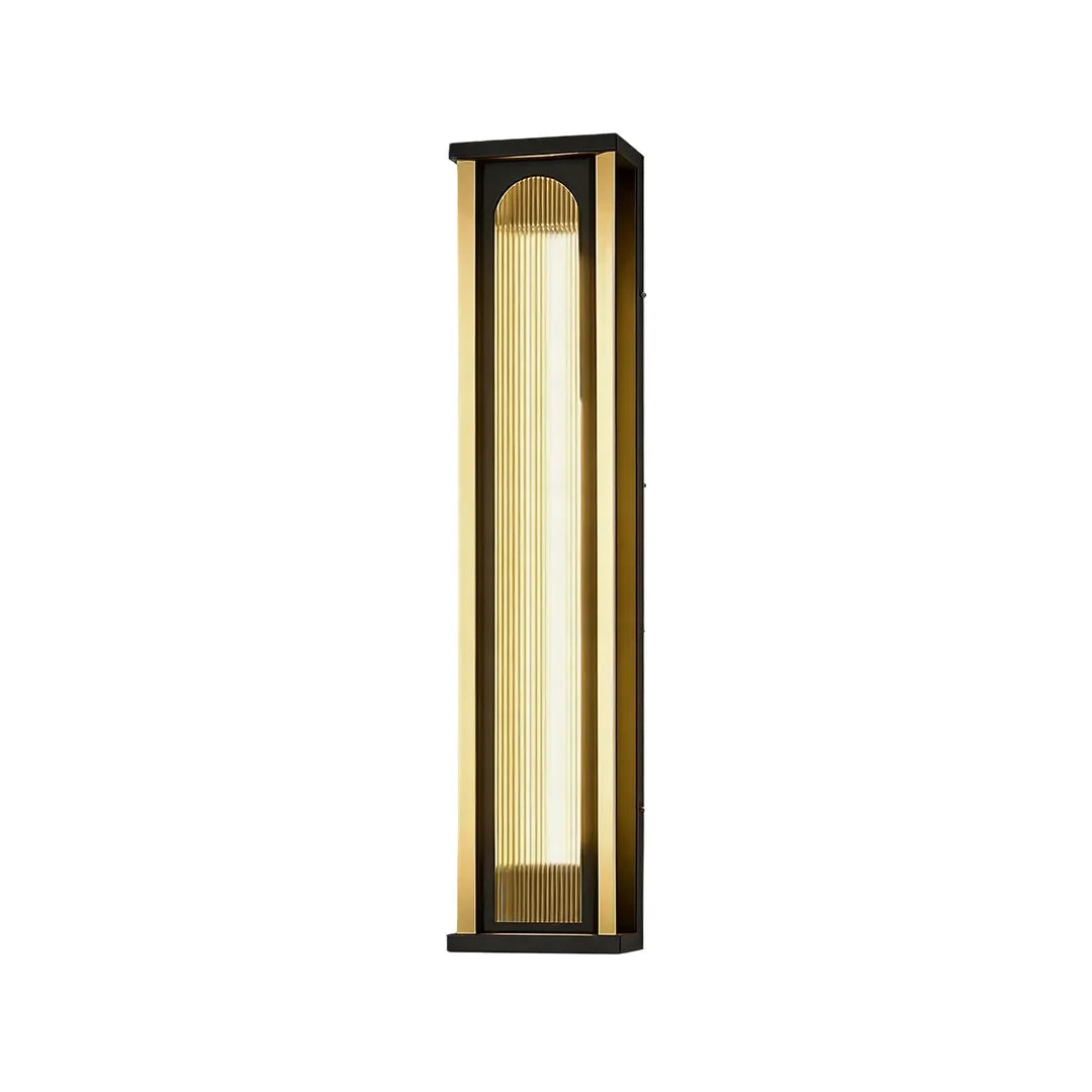 Short outdoor wall sconce with warm white light and black metal frame
