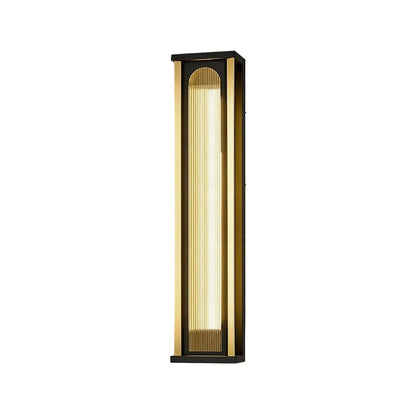 Short outdoor wall sconce with warm white light and black metal frame