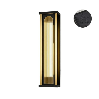 Short solar wall sconce with integrated solar panel and warm LED lighting