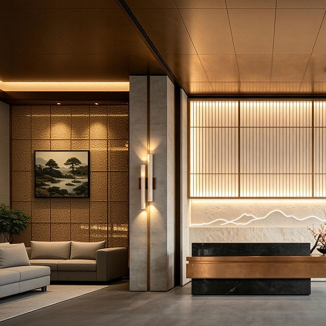 Stone wall lighting featured in a contemporary living room, creating a refined architectural lighting effect.