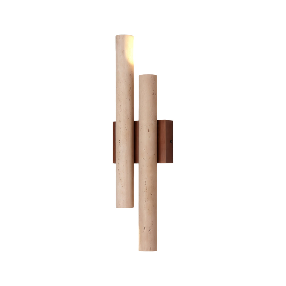 Stone wall lighting product view featuring dual stone cylinders and warm integrated LED illumination.