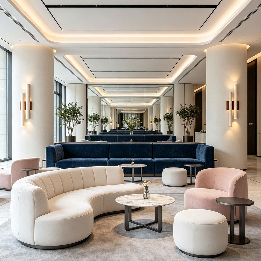 Stone wall lighting enhancing a sophisticated hotel lounge with warm decorative illumination and natural textures.