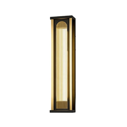 Tall outdoor wall sconce with warm vertical lighting and black frame