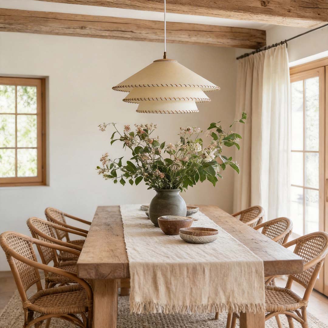 Tiered pendant light with a close-up of its layered woven structure above a wooden table.