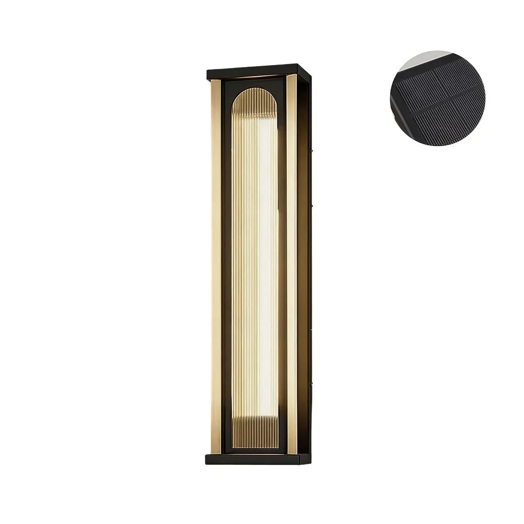 Vertical solar wall sconce with black metal housing and integrated solar panel