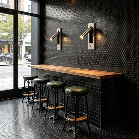 Elegant wall mounted LED lights illuminating modern bar interior with adjustable spotlight wall fixtures.