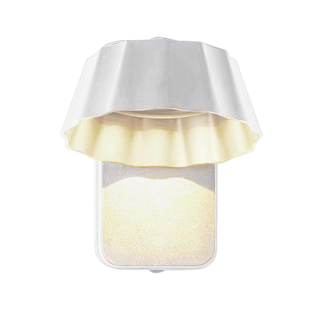 Illuminated white wall sconce with umbrella-style shade casting soft ambient light