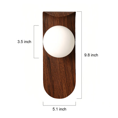 Wooden led lights for wall with white globe and natural wood finish showing dimensional specifications